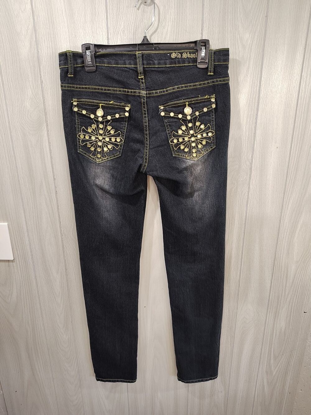 Women's Juniors Old Skool Embellished Embroidered Straight Leg Jeans Size 9 Dark